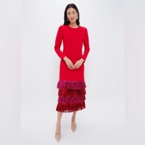 Long-Sleeve Red Midi Dress with Tiered Fringe